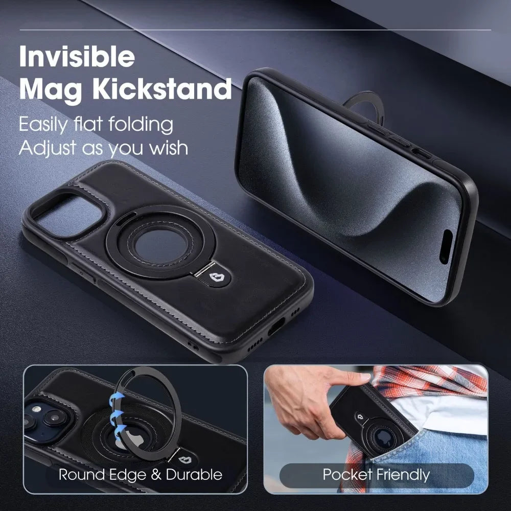 Premium iPhone Case MagSafe Compatible PU Leather Magnetic Ring Stand Shockproof Protective Cover 360 Rotating Kickstand Camera Lens Protection Slim Design