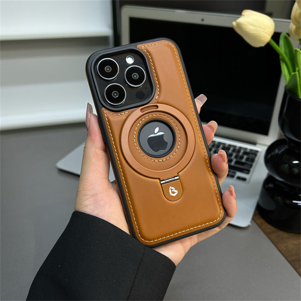 Premium iPhone Case MagSafe Compatible PU Leather Magnetic Ring Stand Shockproof Protective Cover 360 Rotating Kickstand Camera Lens Protection Slim Design