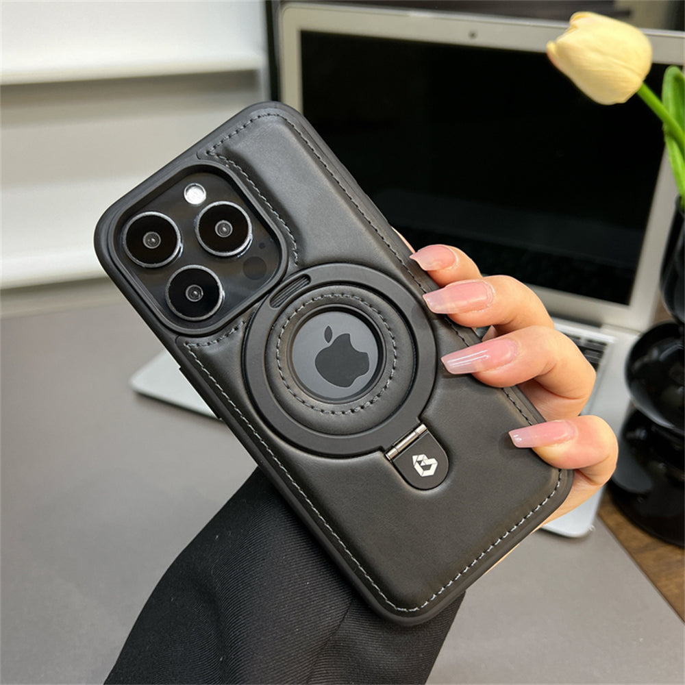 Premium iPhone Case MagSafe Compatible PU Leather Magnetic Ring Stand Shockproof Protective Cover 360 Rotating Kickstand Camera Lens Protection Slim Design