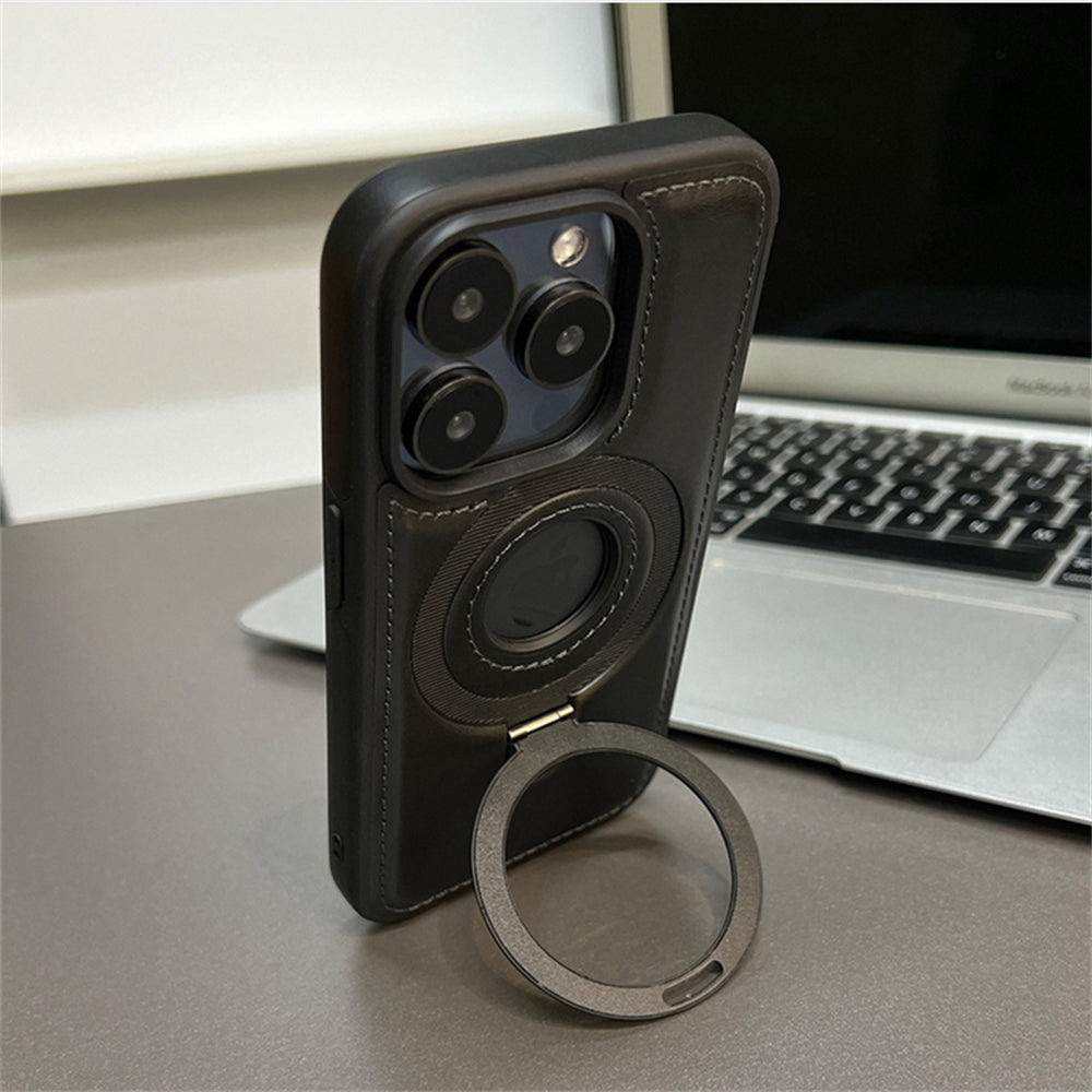 Premium iPhone Case MagSafe Compatible PU Leather Magnetic Ring Stand Shockproof Protective Cover 360 Rotating Kickstand Camera Lens Protection Slim Design