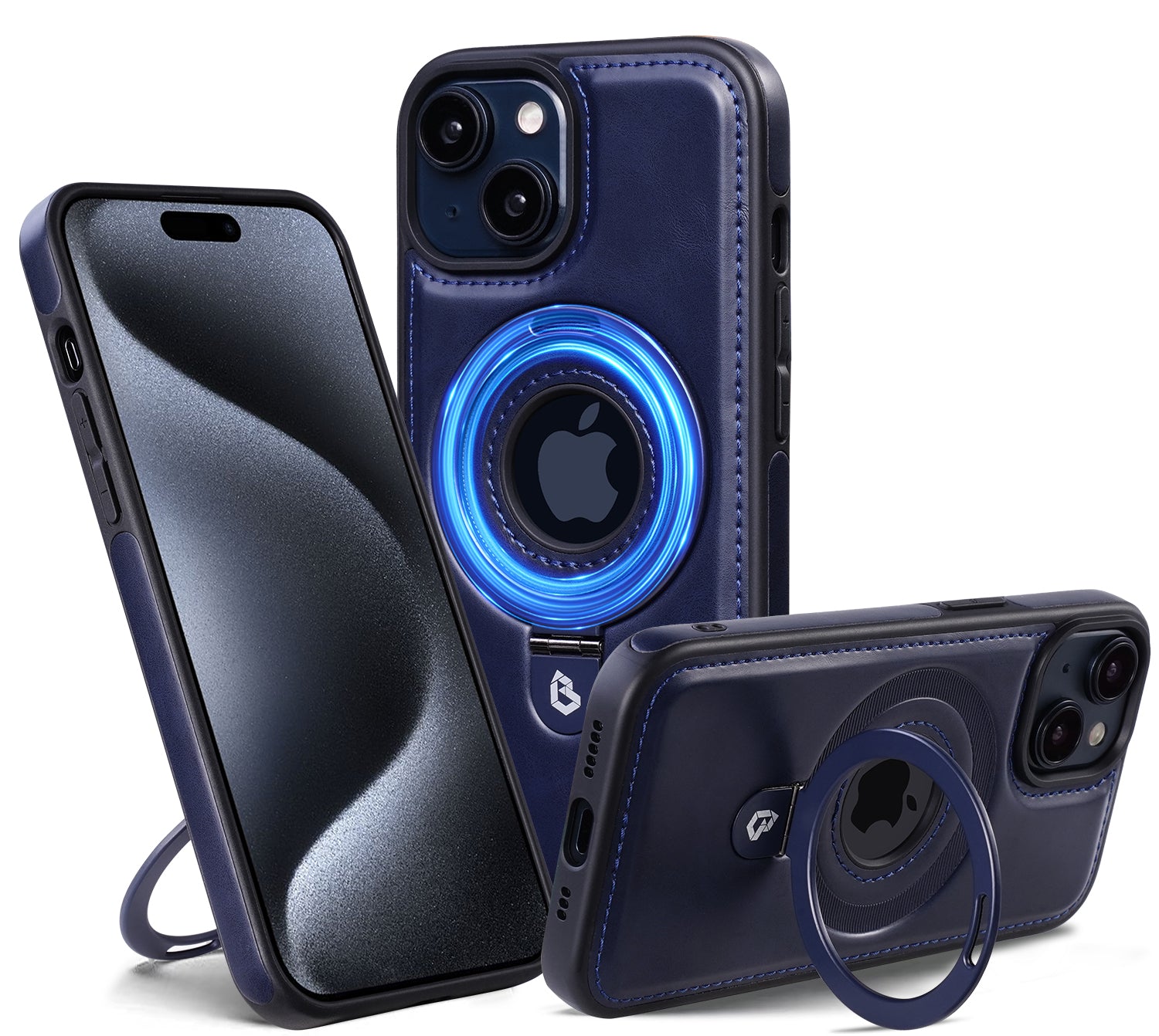Premium iPhone Case MagSafe Compatible PU Leather Magnetic Ring Stand Shockproof Protective Cover 360 Rotating Kickstand Camera Lens Protection Slim Design