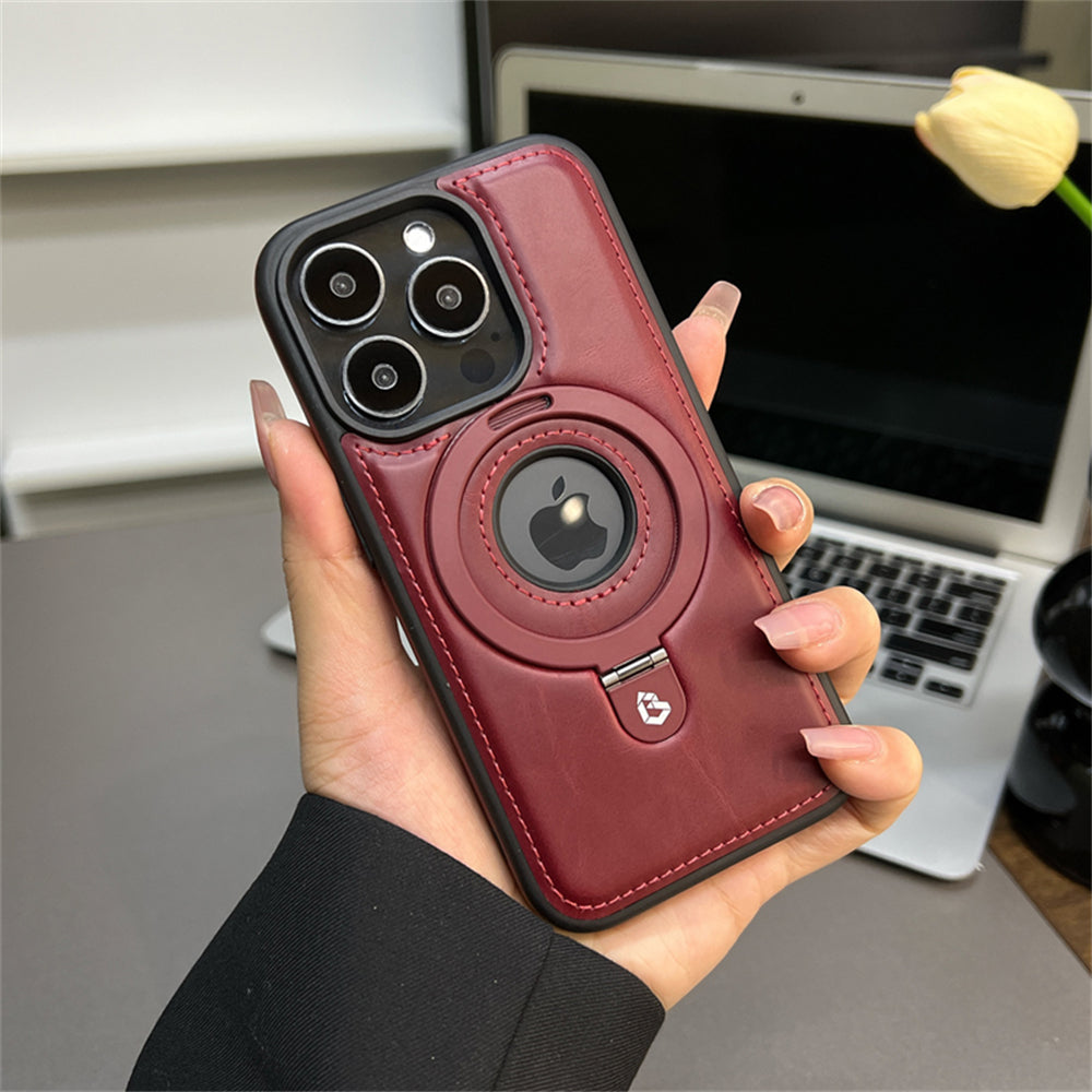 Premium iPhone Case MagSafe Compatible PU Leather Magnetic Ring Stand Shockproof Protective Cover 360 Rotating Kickstand Camera Lens Protection Slim Design