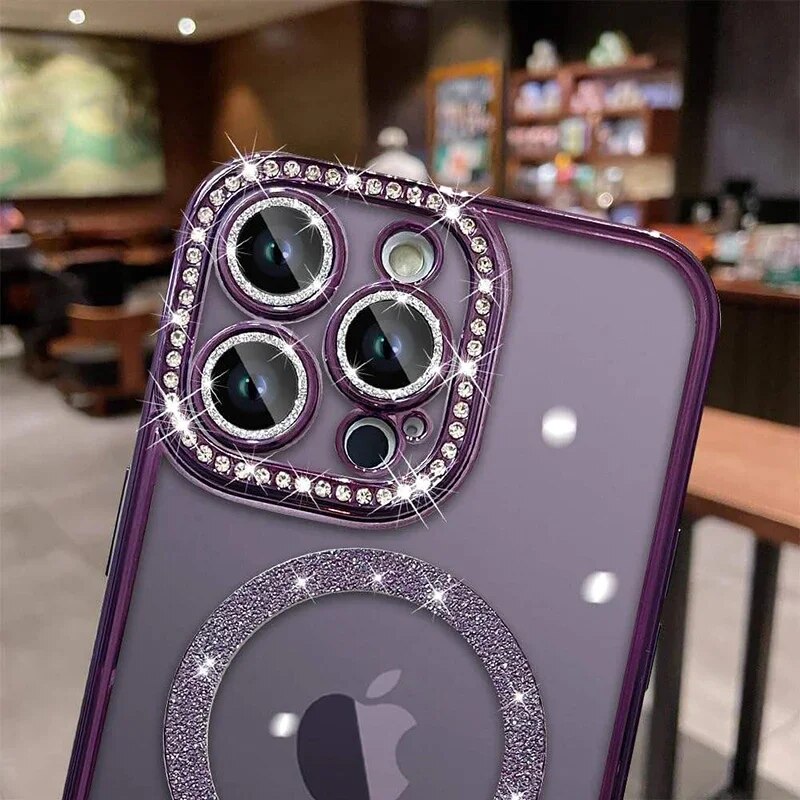 Premium iPhone Case MagSafe Compatible Pink Glitter Clear Shockproof Protective Cover Diamond Texture Camera Lens Protection Slim Design