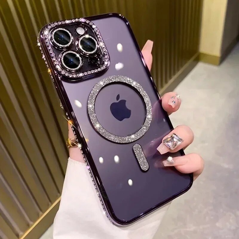 Premium iPhone Case MagSafe Compatible Pink Glitter Clear Shockproof Protective Cover Diamond Texture Camera Lens Protection Slim Design