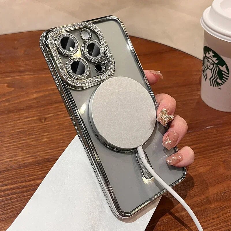 Premium iPhone Case MagSafe Compatible Pink Glitter Clear Shockproof Protective Cover Diamond Texture Camera Lens Protection Slim Design