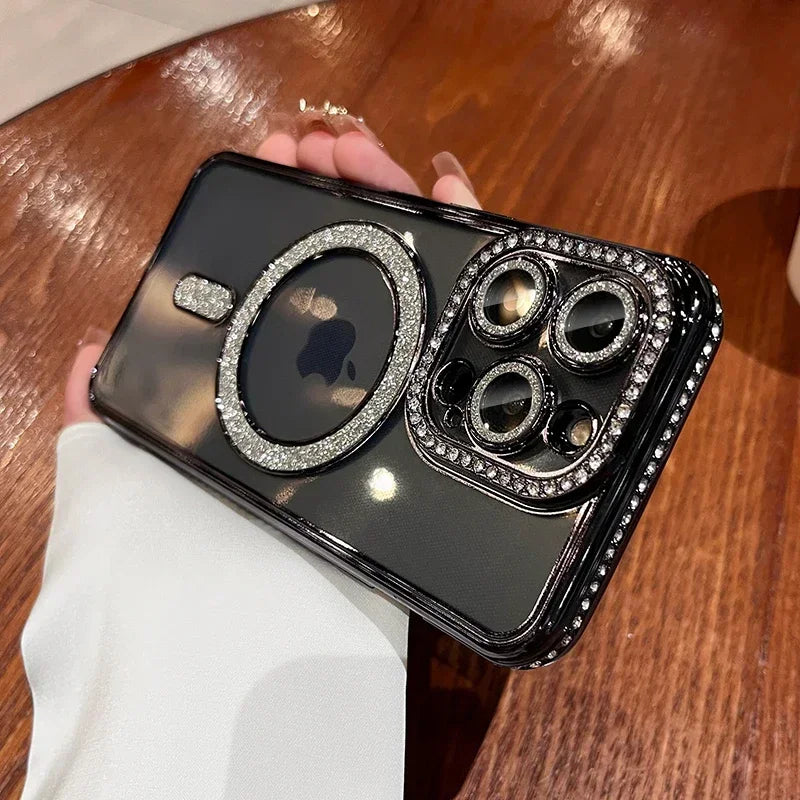 Premium iPhone Case MagSafe Compatible Pink Glitter Clear Shockproof Protective Cover Diamond Texture Camera Lens Protection Slim Design