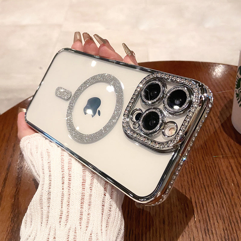 Premium iPhone Case MagSafe Compatible Pink Glitter Clear Shockproof Protective Cover Diamond Texture Camera Lens Protection Slim Design