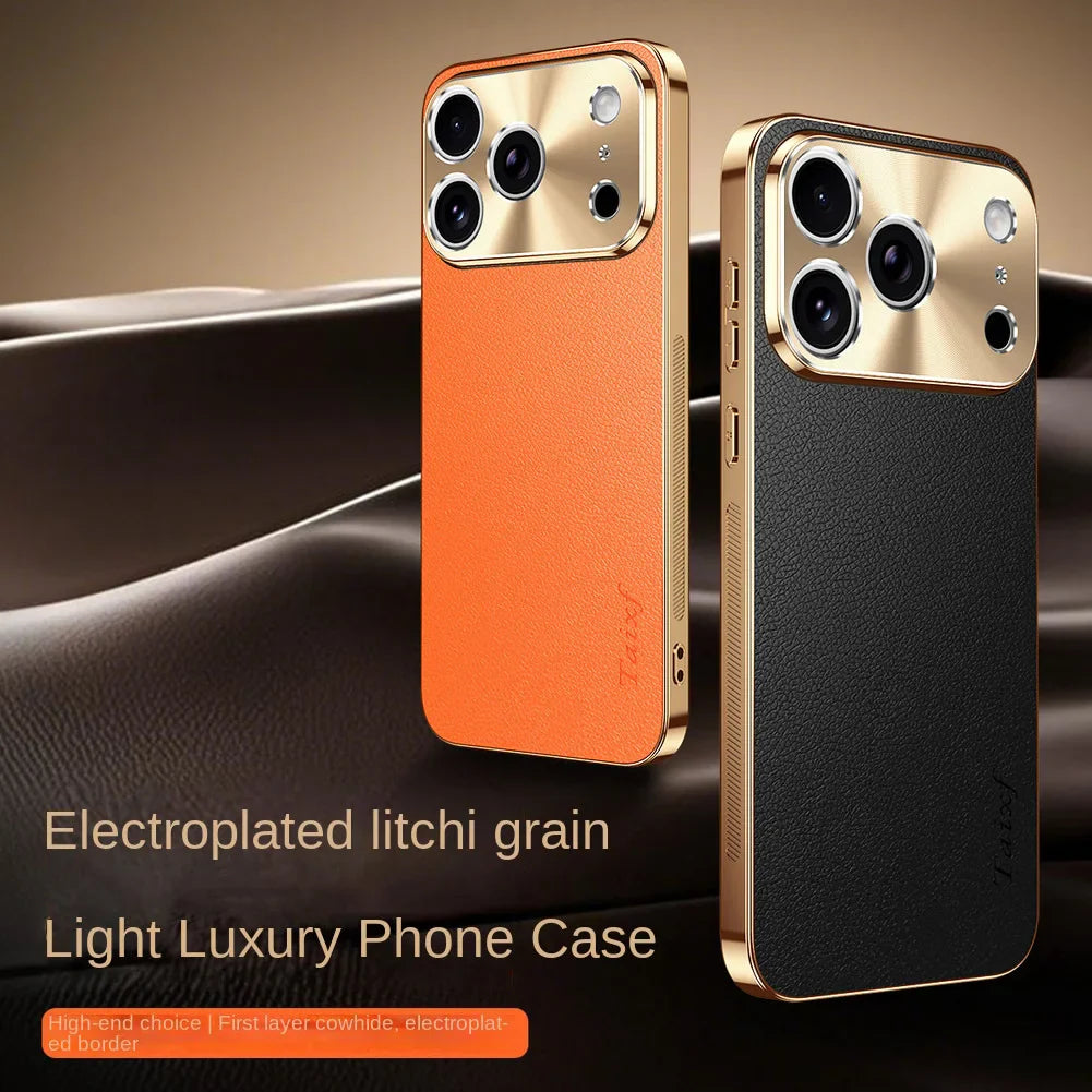 Premium iPhone Case MagSafe Compatible Protective Cover Lychee Texture Leather Back Electroplated Frame Shockproof Camera Lens Protection Full Coverage Slim Design