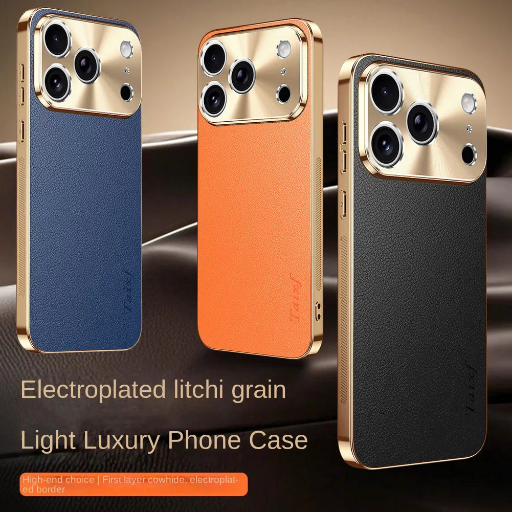 Premium iPhone Case MagSafe Compatible Protective Cover Lychee Texture Leather Back Electroplated Frame Shockproof Camera Lens Protection Full Coverage Slim Design