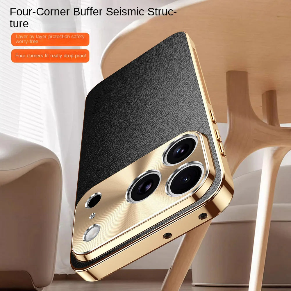 Premium iPhone Case MagSafe Compatible Protective Cover Lychee Texture Leather Back Electroplated Frame Shockproof Camera Lens Protection Full Coverage Slim Design