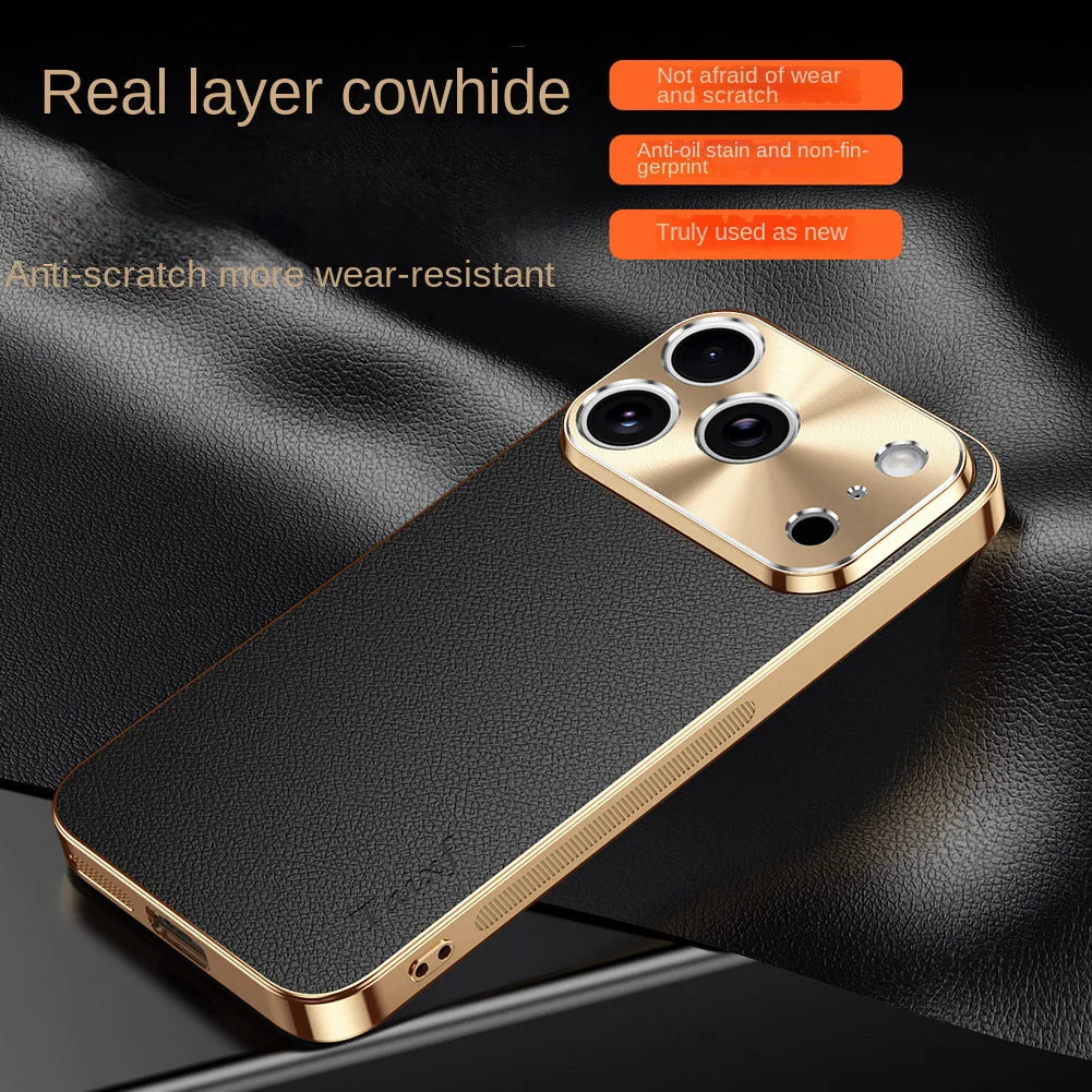 Premium iPhone Case MagSafe Compatible Protective Cover Lychee Texture Leather Back Electroplated Frame Shockproof Camera Lens Protection Full Coverage Slim Design