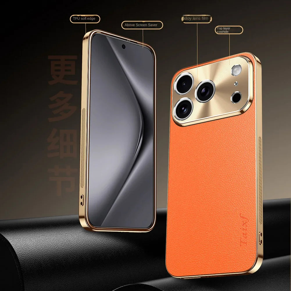 Premium iPhone Case MagSafe Compatible Protective Cover Lychee Texture Leather Back Electroplated Frame Shockproof Camera Lens Protection Full Coverage Slim Design