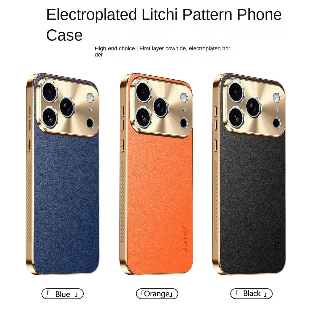 Premium iPhone Case MagSafe Compatible Protective Cover Lychee Texture Leather Back Electroplated Frame Shockproof Camera Lens Protection Full Coverage Slim Design