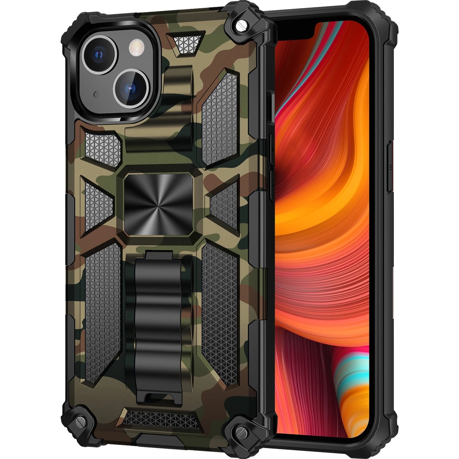 Premium iPhone Case MagSafe Compatible Rugged Armor Camouflage Kickstand Shockproof Protective Cover Camera Lens Protection Heavy Duty Design