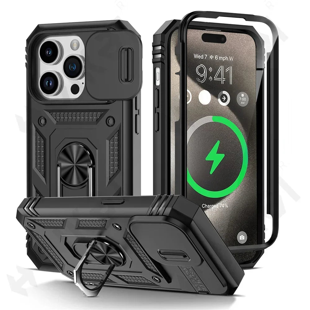 Premium iPhone Case MagSafe Compatible Rugged Armor Kickstand Card Holder Shockproof Protective Cover 360 Protection Camera Lens Protection Heavy Duty Design