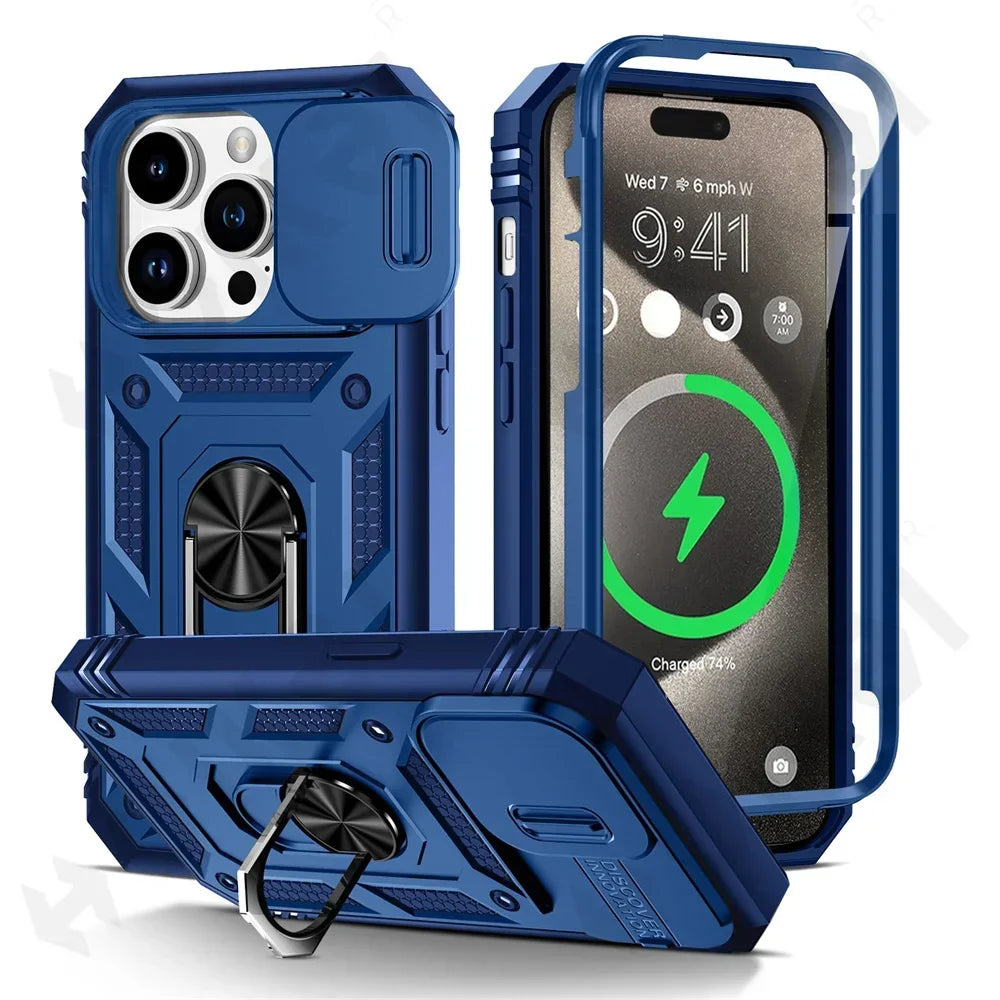 Premium iPhone Case MagSafe Compatible Rugged Armor Kickstand Card Holder Shockproof Protective Cover 360 Protection Camera Lens Protection Heavy Duty Design
