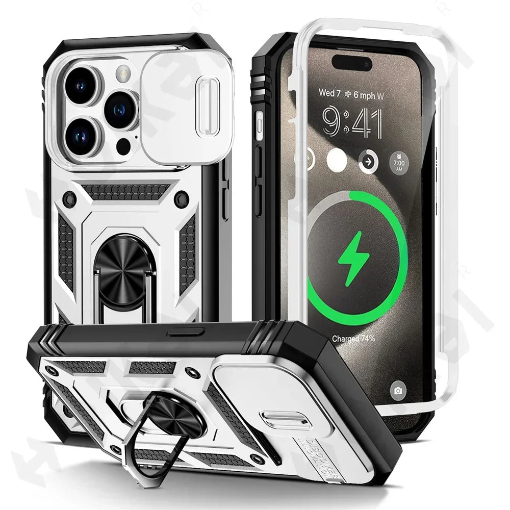 Premium iPhone Case MagSafe Compatible Rugged Armor Kickstand Card Holder Shockproof Protective Cover 360 Protection Camera Lens Protection Heavy Duty Design
