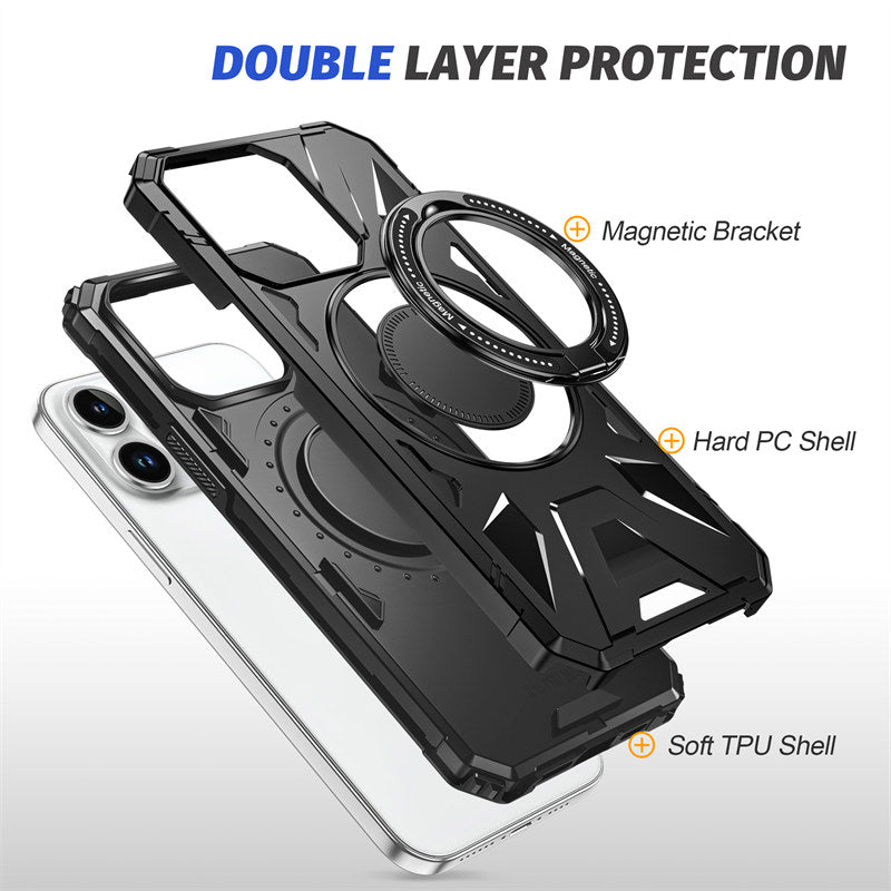 Premium iPhone Case MagSafe Compatible Rugged Armor Ring Stand Shockproof Protective Cover Hard PC Camera Lens Protection 360 Rotating Kickstand