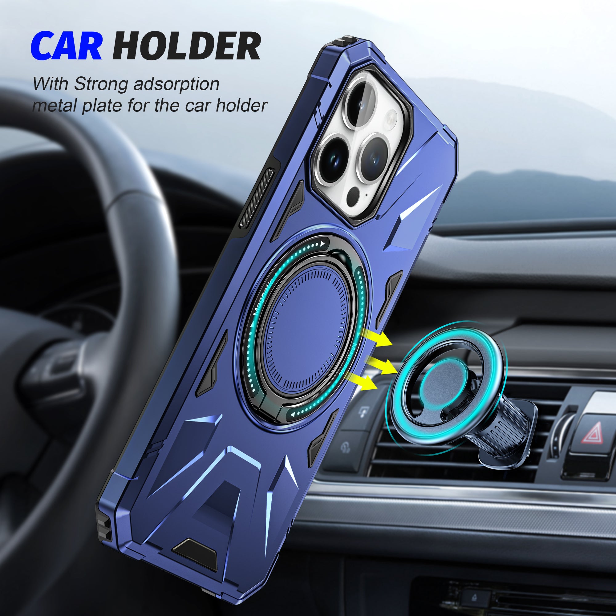 Premium iPhone Case MagSafe Compatible Rugged Armor Ring Stand Shockproof Protective Cover Hard PC Camera Lens Protection 360 Rotating Kickstand