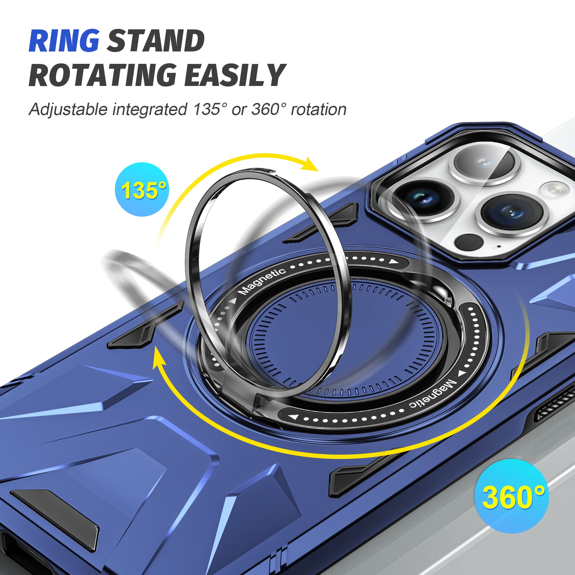 Premium iPhone Case MagSafe Compatible Rugged Armor Ring Stand Shockproof Protective Cover Hard PC Camera Lens Protection 360 Rotating Kickstand
