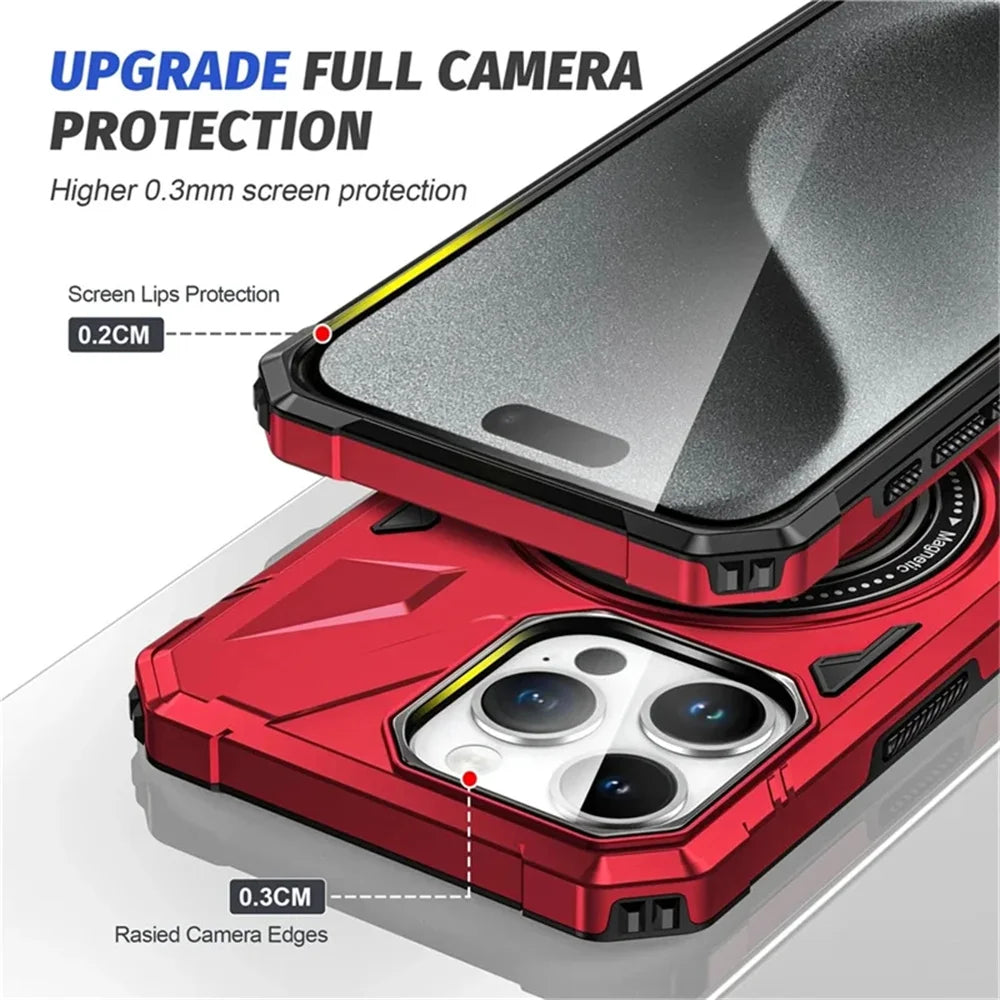 Premium iPhone Case MagSafe Compatible Rugged Armor Ring Stand Shockproof Protective Cover Hard PC Camera Lens Protection 360 Rotating Kickstand