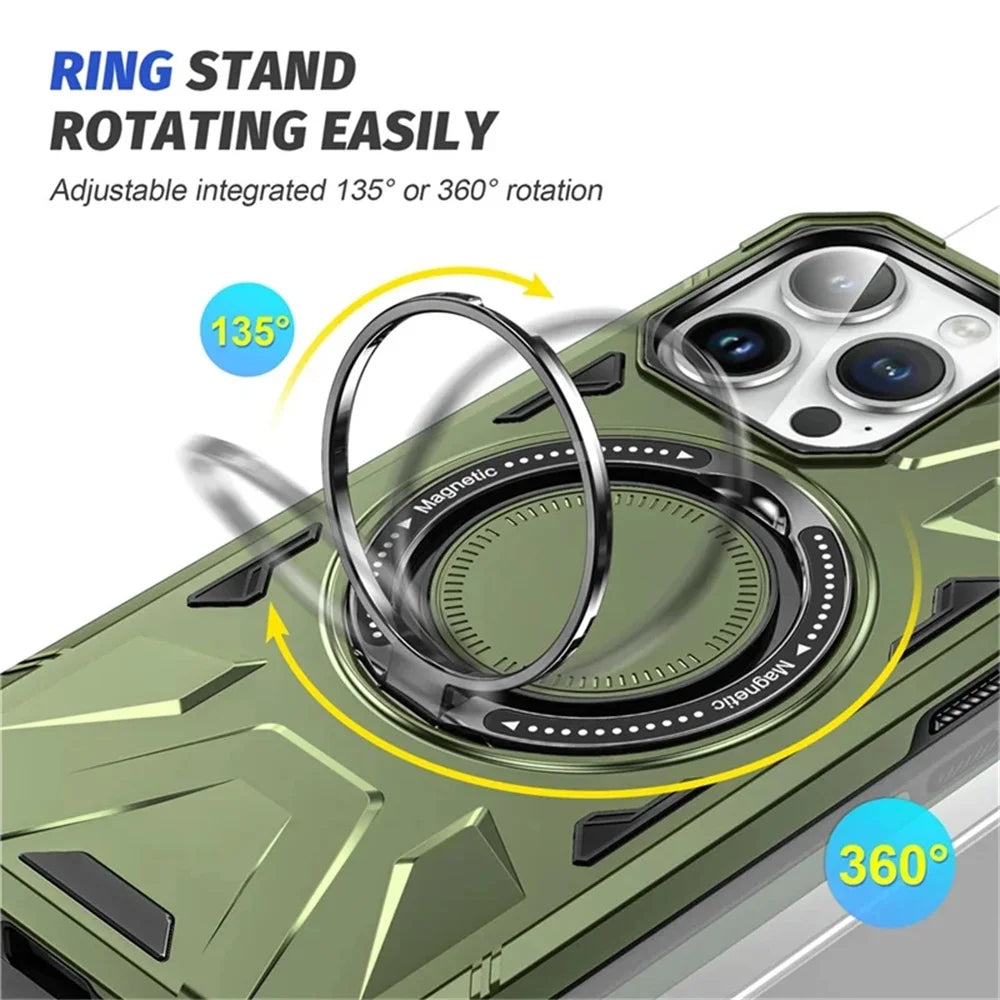 Premium iPhone Case MagSafe Compatible Rugged Armor Ring Stand Shockproof Protective Cover Hard PC Camera Lens Protection 360 Rotating Kickstand