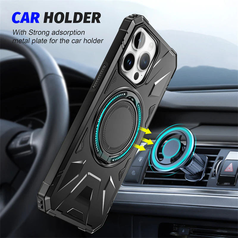 Premium iPhone Case MagSafe Compatible Rugged Armor Ring Stand Shockproof Protective Cover Hard PC Camera Lens Protection 360 Rotating Kickstand