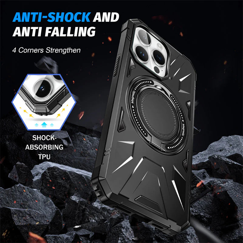Premium iPhone Case MagSafe Compatible Rugged Armor Ring Stand Shockproof Protective Cover Hard PC Camera Lens Protection 360 Rotating Kickstand