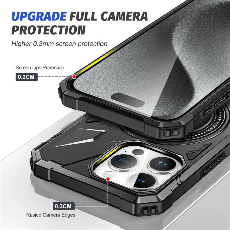 Premium iPhone Case MagSafe Compatible Rugged Armor Ring Stand Shockproof Protective Cover Hard PC Camera Lens Protection 360 Rotating Kickstand