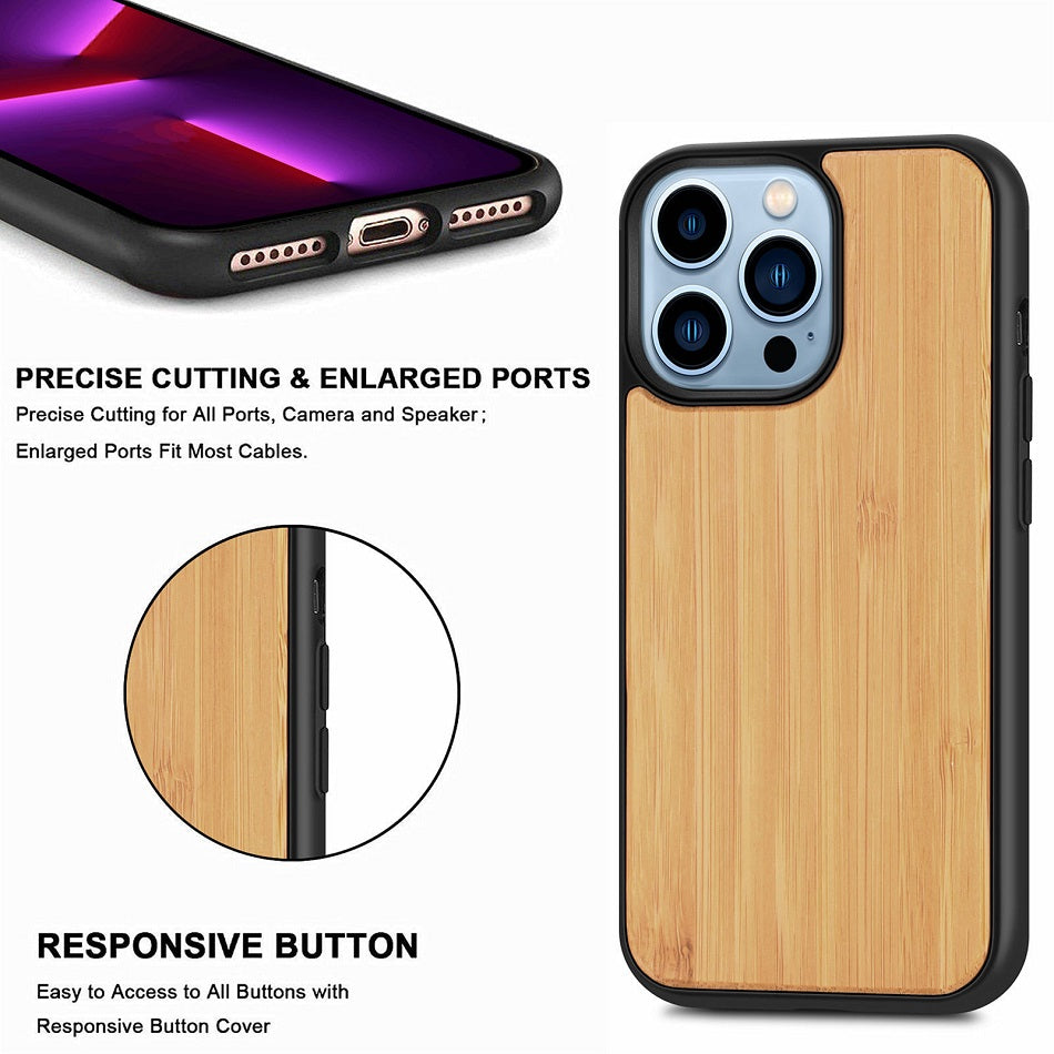 Premium iPhone Case MagSafe Compatible Solid Bamboo Wood Shockproof Protective Cover Hard Back Camera Lens Protection Slim Natural Design