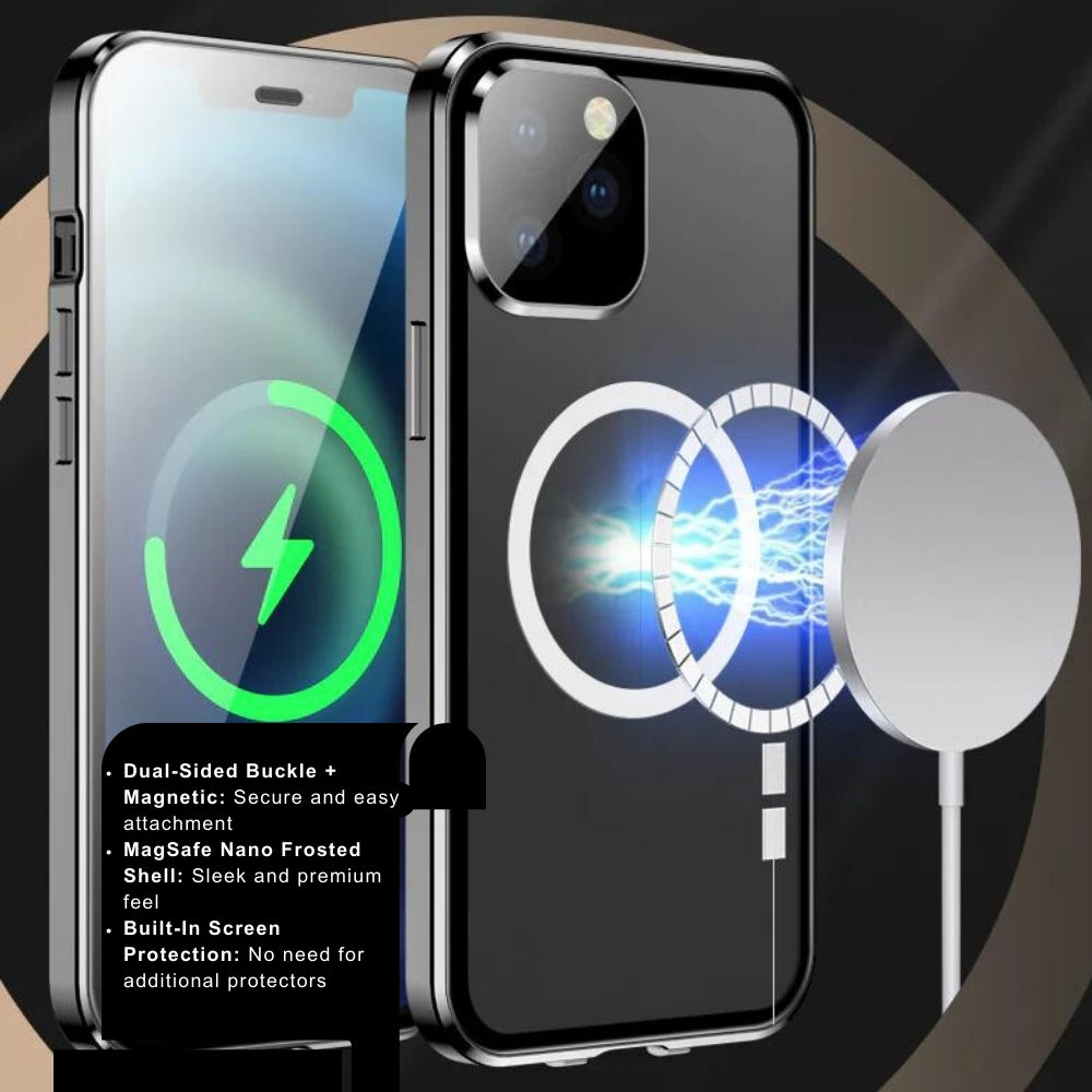 Premium iPhone Case MagSafe Compatible Transparent Full Body Aluminum Frame Tempered Glass Shockproof Protective Cover Camera Lens Protection
