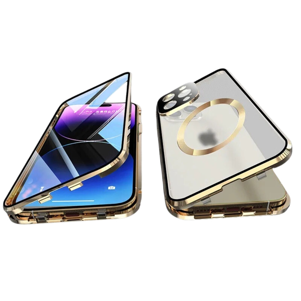Premium iPhone Case MagSafe Compatible Transparent Full Body Aluminum Frame Tempered Glass Shockproof Protective Cover Camera Lens Protection