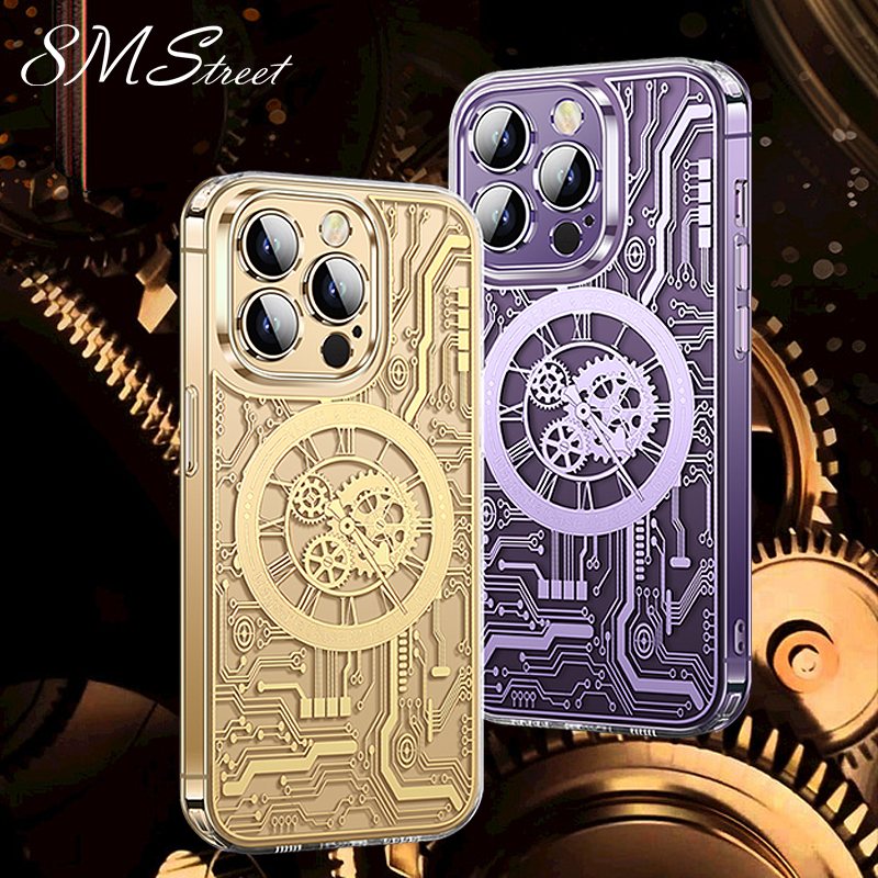 Premium iPhone Case MagSafe Compatible Transparent Mechanical Texture Shockproof Protective Cover Clear Back Bumper Frame Camera Lens Protection
