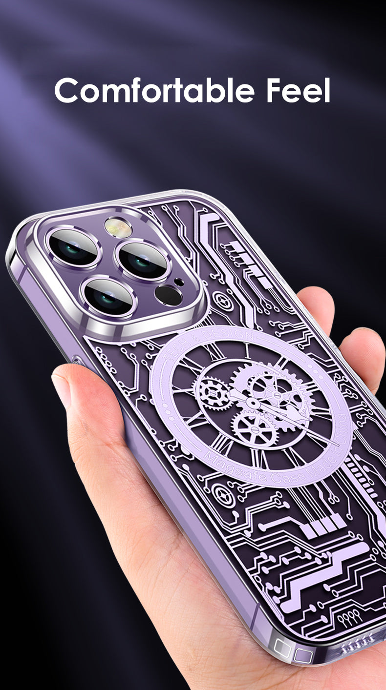 Premium iPhone Case MagSafe Compatible Transparent Mechanical Texture Shockproof Protective Cover Clear Back Bumper Frame Camera Lens Protection