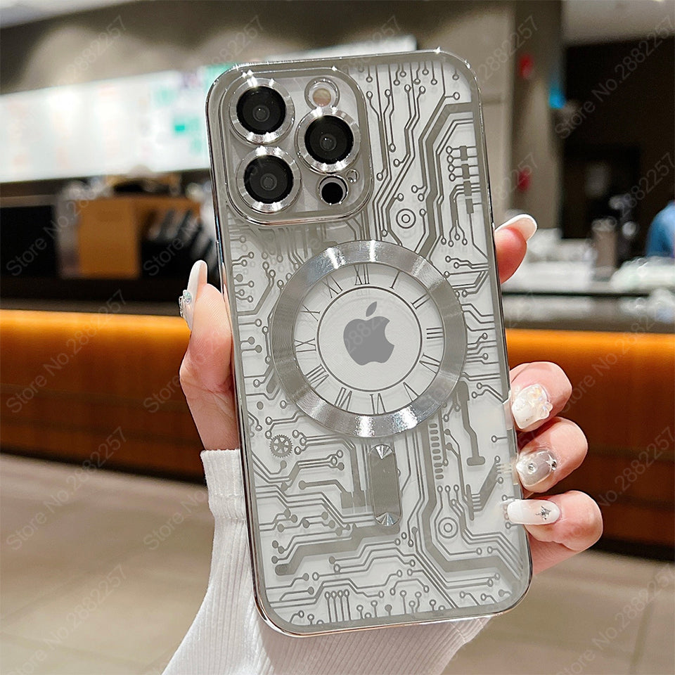 Premium iPhone Case MagSafe Compatible Transparent Mechanical Texture Shockproof Protective Cover Clear Back Bumper Frame Camera Lens Protection