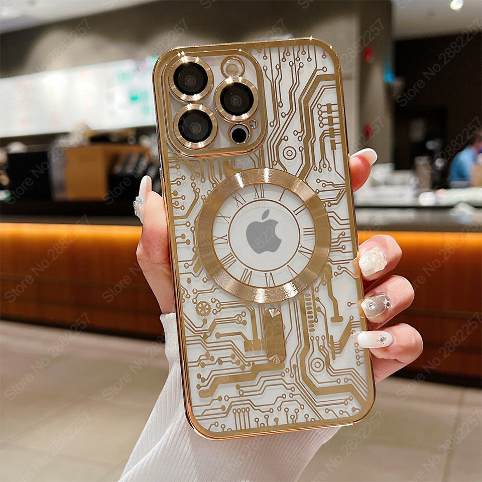 Premium iPhone Case MagSafe Compatible Transparent Mechanical Texture Shockproof Protective Cover Clear Back Bumper Frame Camera Lens Protection