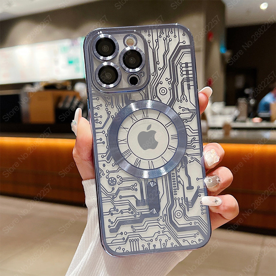 Premium iPhone Case MagSafe Compatible Transparent Mechanical Texture Shockproof Protective Cover Clear Back Bumper Frame Camera Lens Protection