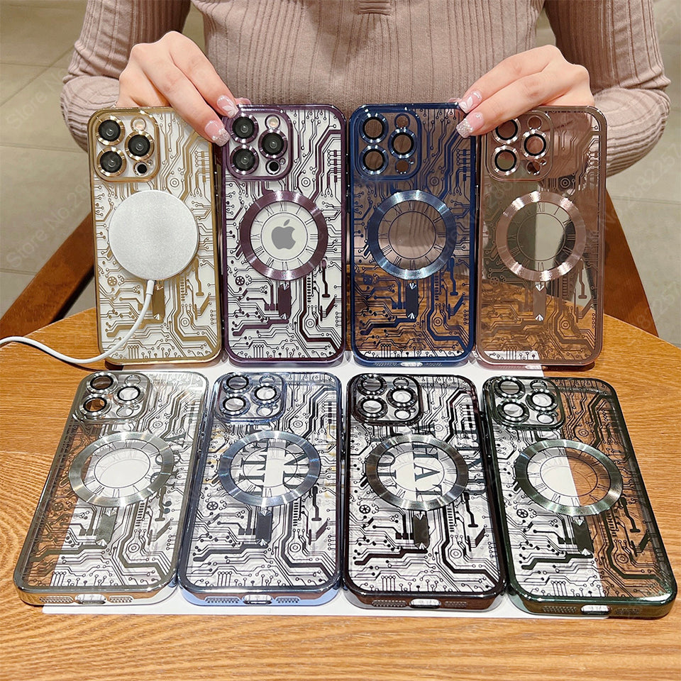 Premium iPhone Case MagSafe Compatible Transparent Mechanical Texture Shockproof Protective Cover Clear Back Bumper Frame Camera Lens Protection