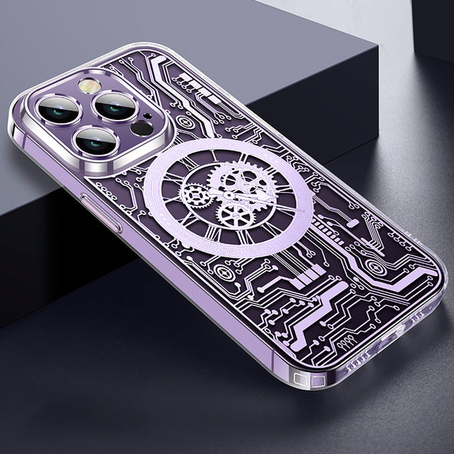 Premium iPhone Case MagSafe Compatible Transparent Mechanical Texture Shockproof Protective Cover Clear Back Bumper Frame Camera Lens Protection