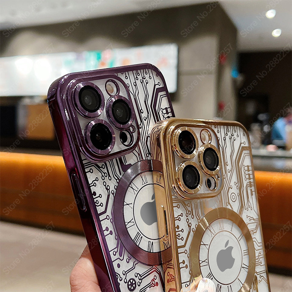 Premium iPhone Case MagSafe Compatible Transparent Mechanical Texture Shockproof Protective Cover Clear Back Bumper Frame Camera Lens Protection