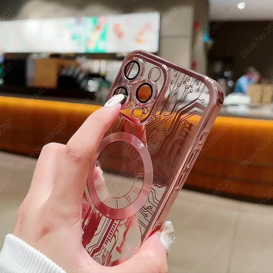 Premium iPhone Case MagSafe Compatible Transparent Mechanical Texture Shockproof Protective Cover Clear Back Bumper Frame Camera Lens Protection