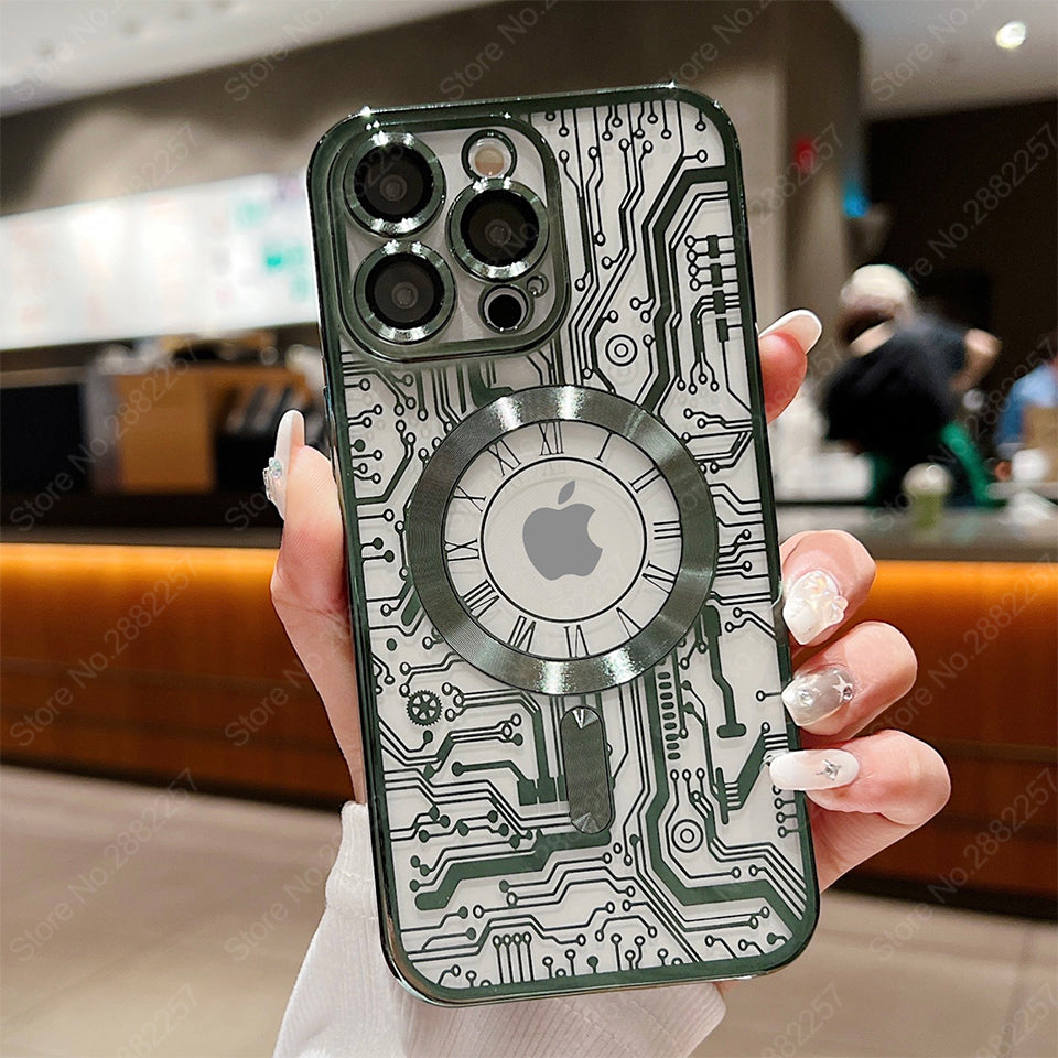Premium iPhone Case MagSafe Compatible Transparent Mechanical Texture Shockproof Protective Cover Clear Back Bumper Frame Camera Lens Protection