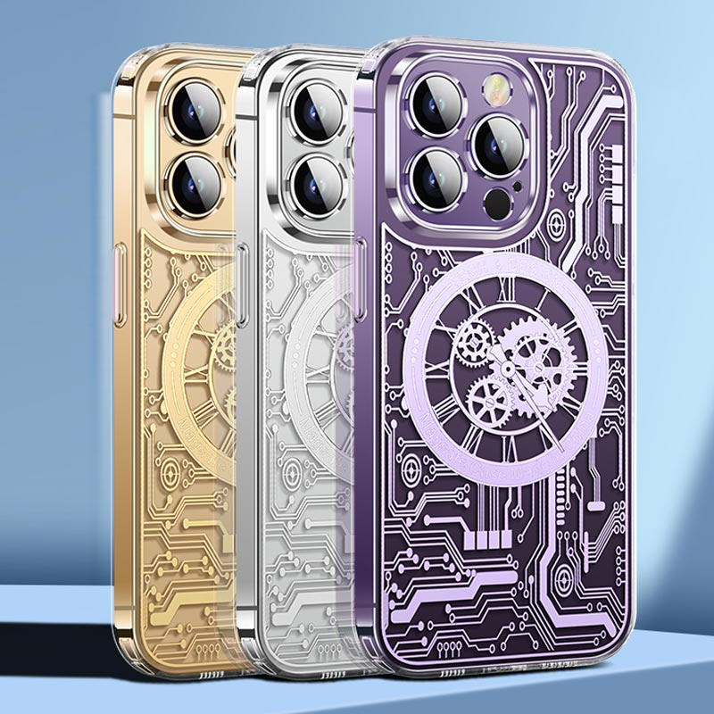 Premium iPhone Case MagSafe Compatible Transparent Mechanical Texture Shockproof Protective Cover Clear Back Bumper Frame Camera Lens Protection