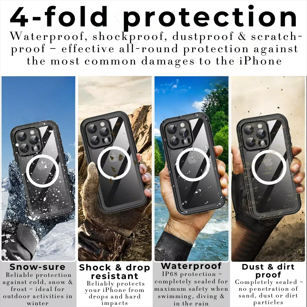 Premium iPhone Case MagSafe Compatible Waterproof IP68 Shockproof Protective Cover 360 Full Body Sealed Design Camera Lens Protection Dustproof