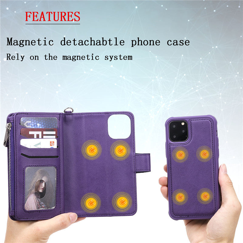 Premium iPhone Case Magnetic Detachable Wallet Flip Cover PU Leather Card Holder Handbag Design Stand Feature Shockproof Full Protection