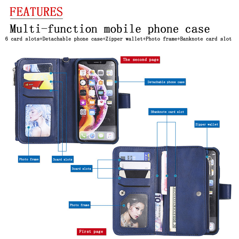 Premium iPhone Case Magnetic Detachable Wallet Flip Cover PU Leather Card Holder Handbag Design Stand Feature Shockproof Full Protection