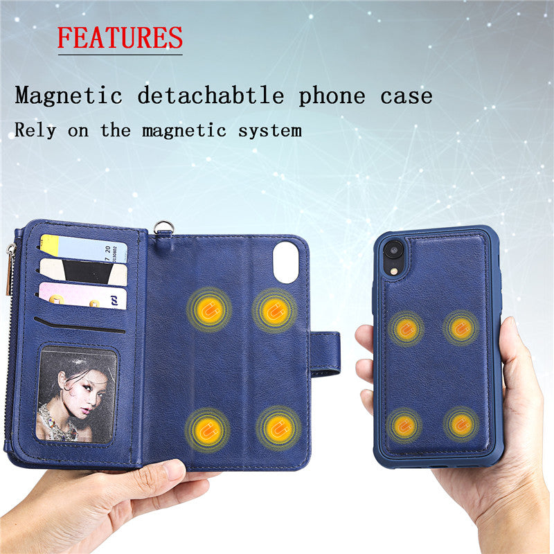 Premium iPhone Case Magnetic Detachable Wallet Flip Cover PU Leather Card Holder Handbag Design Stand Feature Shockproof Full Protection