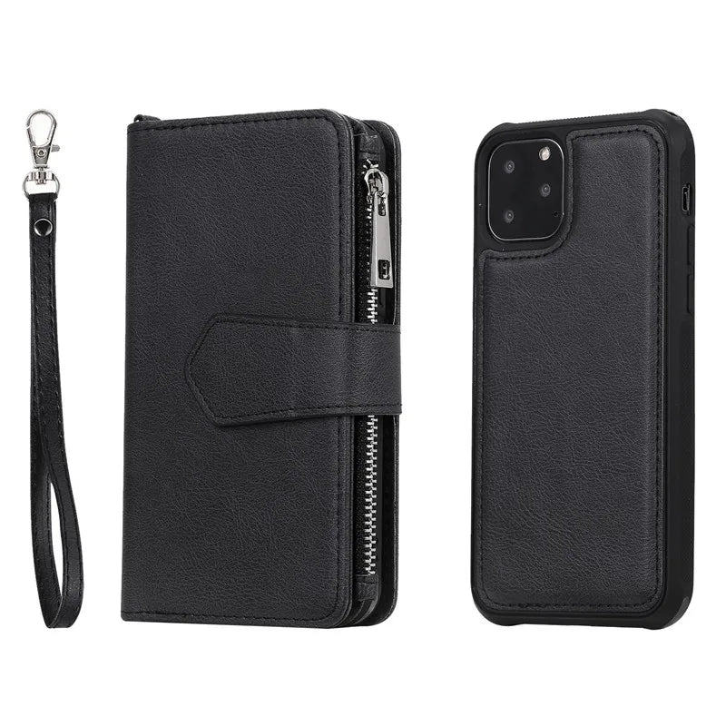 Premium iPhone Case Magnetic Detachable Wallet Flip Cover PU Leather Card Holder Handbag Design Stand Feature Shockproof Full Protection