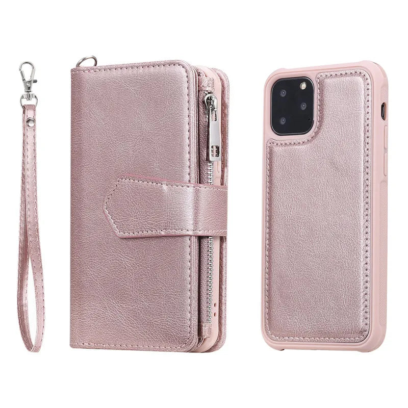 Premium iPhone Case Magnetic Detachable Wallet Flip Cover PU Leather Card Holder Handbag Design Stand Feature Shockproof Full Protection
