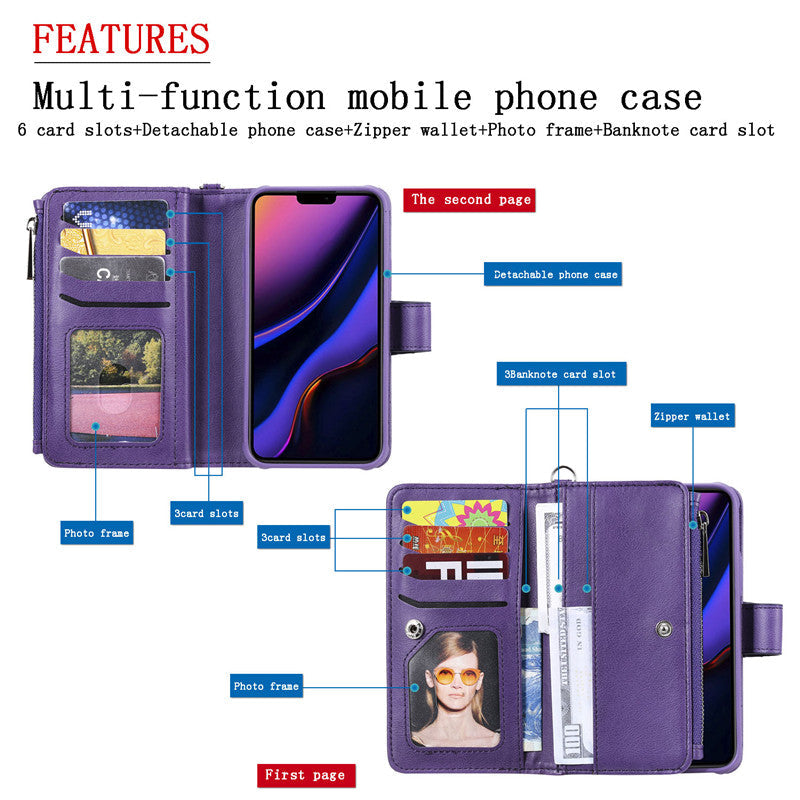 Premium iPhone Case Magnetic Detachable Wallet Flip Cover PU Leather Card Holder Handbag Design Stand Feature Shockproof Full Protection